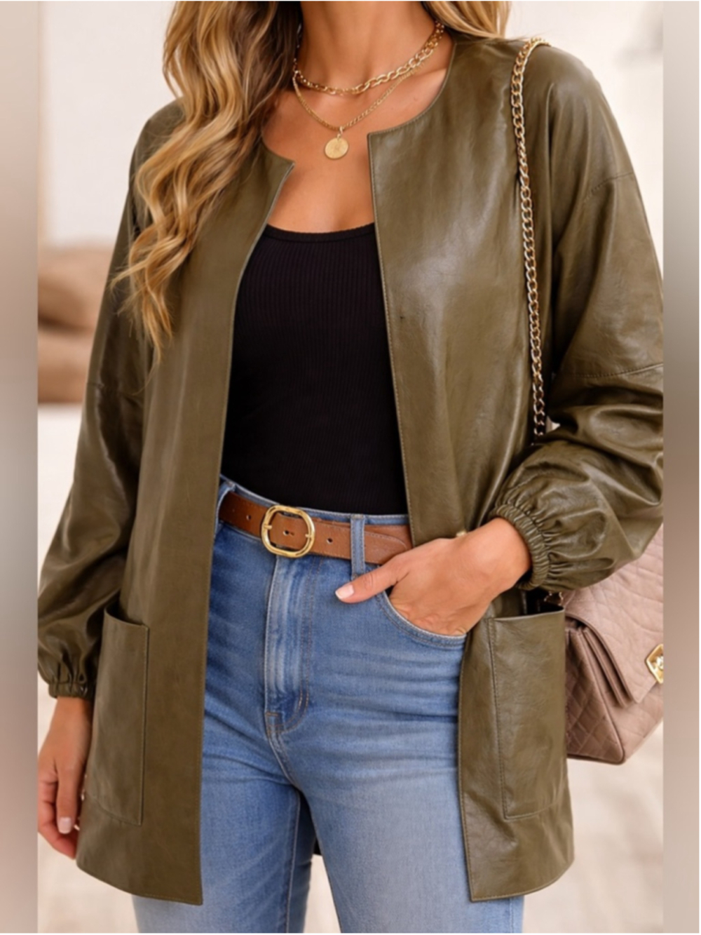 P. Cill Faux Leather Shacket Olive Green Jacket Women M/L Boho Chic